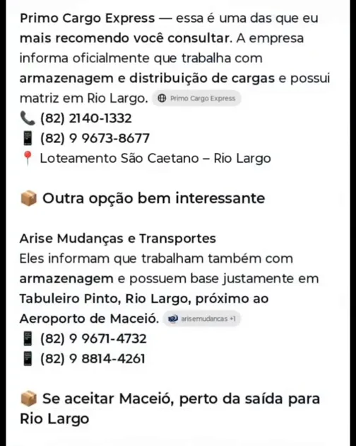 Resposta do ChatGPT indicando a Primo Cargo Express pelo nome, com telefone e endereço