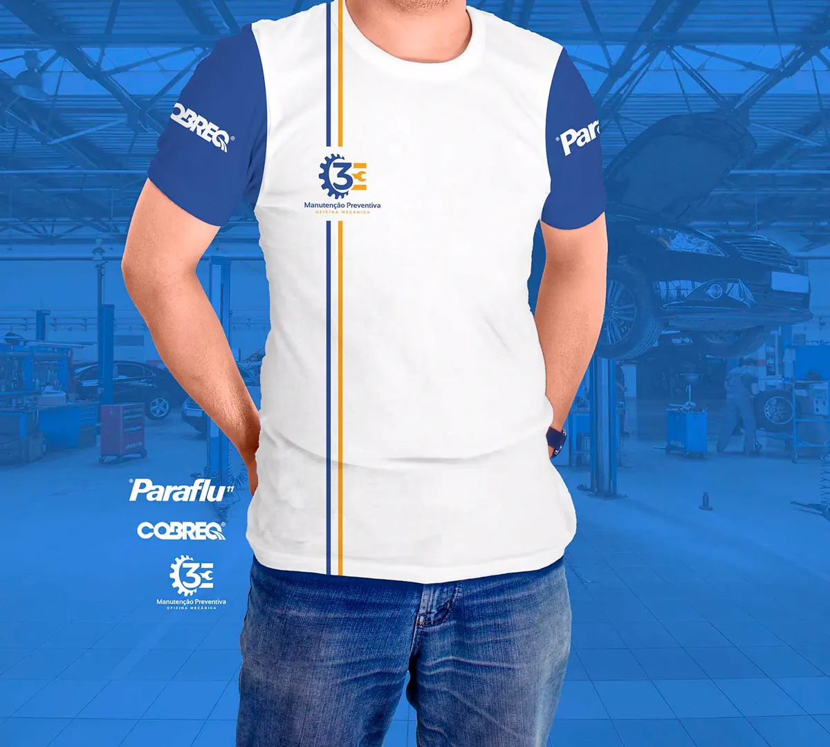 Uniforme da 3E Centro Automotivo com o logotipo da engrenagem