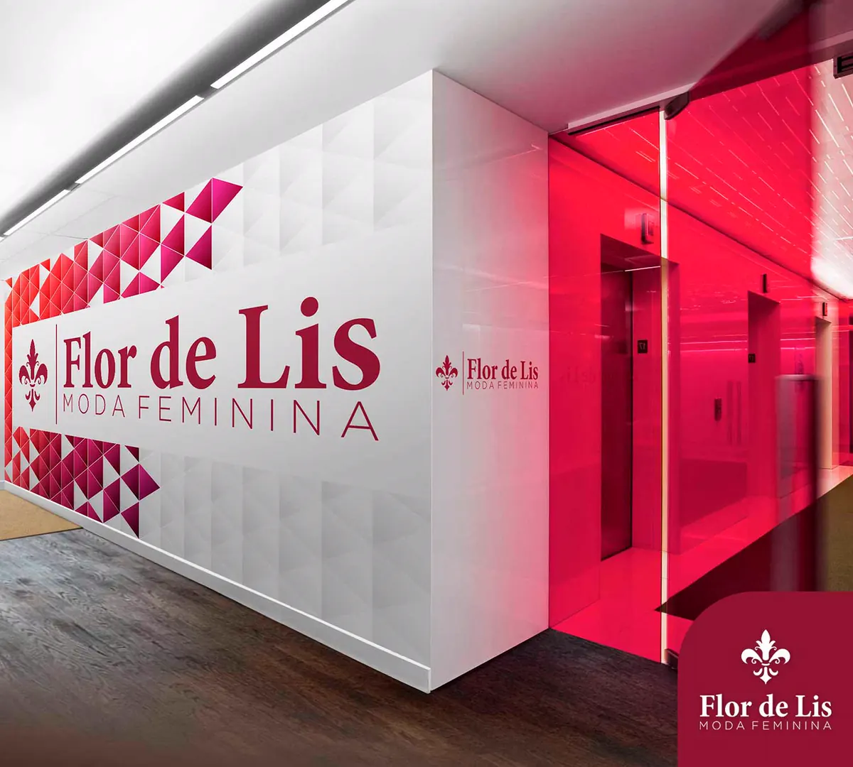 Fachada da loja Flor de Lis com o logotipo e as cores da identidade visual