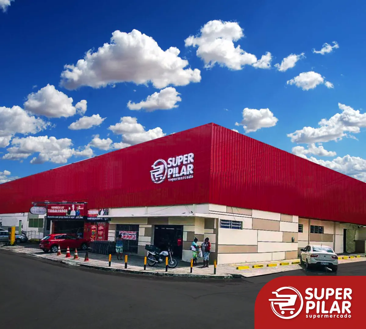 Fachada do supermercado Super Pilar com o logotipo aplicado